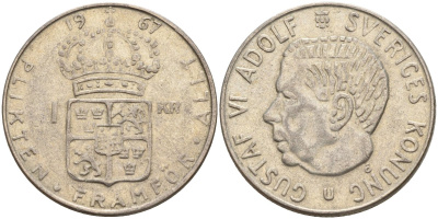 Швеция 1 крона 1967 U, Густав VI Адольф (1950-1973) KM 826 серебро 4150-234