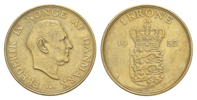 Дания 1 крона 1952 N, Кристиан X (1912-1947) KM 837 алюминиевая бронза 4654-744