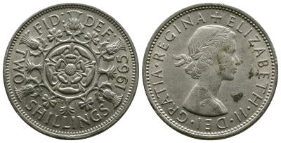 Великобритания 2 шиллинга (флорин) 1965 Елизавета II (1952-2022) KM 906, Spink 4146 медно-никель 4382-611