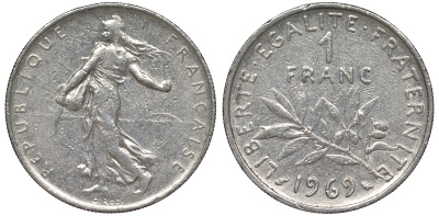 Франция 1 франк 1969 сеятель KM 925.1 никель 25-2352