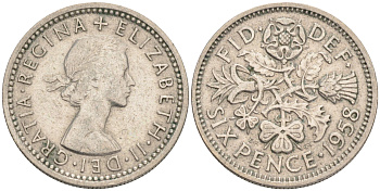 Великобритания 6 пенсов 1958 Елизавета II (1952-2022) KM 903, Spink 4149 медно-никель 192-819
