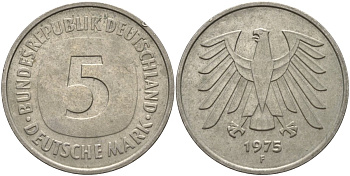 ФРГ 5 марок 1975 F, монетный двор Штутгарт КМ 140.1, J. 415 медно-никель плакированный никелем 4139-121