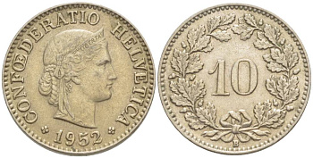 ШВЕЙЦАРИЯ 10 РАППЕНОВ 1952 В KM 27 медно-никель 216-1245