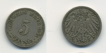Германия 5 пфеннигов 1911 A KM 11, J. 12, Weege 6 медно-никель 23-1416