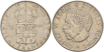 Швеция 1 крона 1965 U, Густав VI Адольф (1950-1973) KM 826 серебро 4150-147