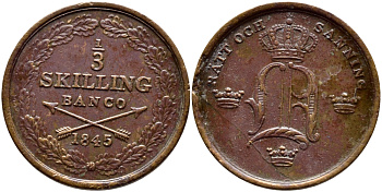 Швеция 1/3 скиллинга 1845 Оскар I (1844-1859) KM 640 медь 1530-524