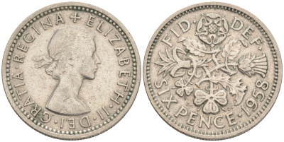 Великобритания 6 пенсов 1958 Елизавета II (1952-2022) KM 903, Spink 4149 медно-никель 192-819