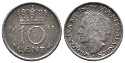 Нидерланды 10 центов 1948 Вильгельмина (1895-1948) KM 177 никель 177-523