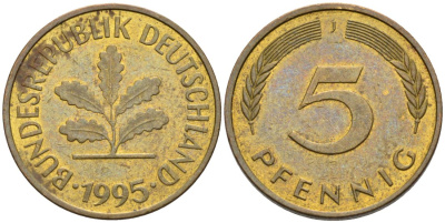 ФРГ 5 ПФЕННИГОВ 1995 J КМ 107, J. 382 сталь плакированная латунью 4567-546