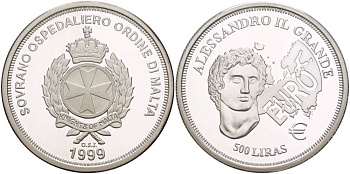 Мальта 500 лир 1999 Александр Великий, еврозона KM Х302 серебро PROOF 00-00