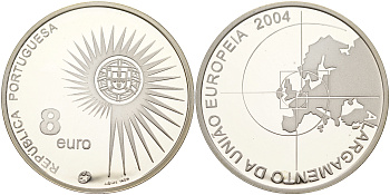 Португалия 8 евро 2004 INCM, расширение Европейского Союза KM 753a серебро PROOF 1066-11-44