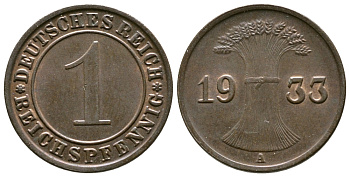 ГЕРМАНИЯ 1 РЕЙХСПФЕННИГ 1933 A KM 37, J. 313 бронза 4380-1238