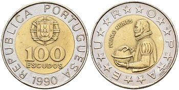 Португалия 100 эскудо 1990 Педру Нуниш (1502-1578), математик KM 645.1 биметалл  UNC  4161-856