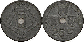 Бельгия 25 сантимов 1943 Belgie - Belgique, Леопольд III (1934-1947), германская оккупация, Вторая мировая война KM 132 цинк 4157-541