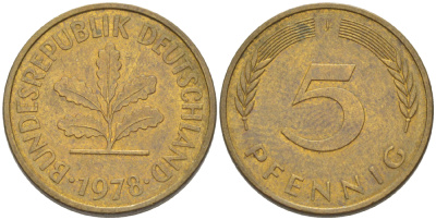 ФРГ 5 ПФЕННИГОВ 1978 J KM 107, J. 382 сталь плакированная латунью 4181-958