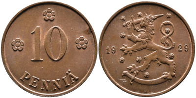 Финляндия 10 пенни 1929 республика (1918-1962) KM 24 медь 4388-853