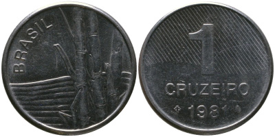 Бразилия 1 крузейро 1981 KM 590, Schon 99 нержавеющая сталь aUNC 4567-1014