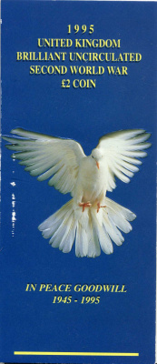 Великобритания 2 фунта 1995 Елизавета II (1952-2022), 50 лет окончанию Второй Мировой Войны, в оригинальном картонном буклете KM 970, Spink 4315 (K5) никель латунь BUNC 3-4-4-36
