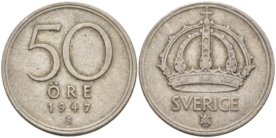Швеция 50 эре 1947 TS, Густав V (1907-1950) KM 817 серебро 4148-855