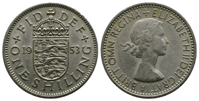 Великобритания 1 шиллинг 1953 Елизавета II (1952-2022), Английский герб KM 890, Spink 4139 медно-никель 4384-242