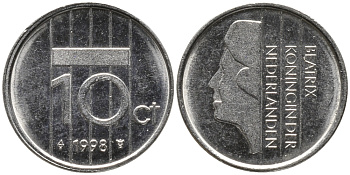 НИДЕРЛАНДЫ 10 ЦЕНТОВ 1998 БЕАТРИКС KM 203 никель 96-1256
