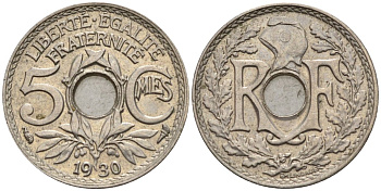 Франция 5 сантимов 1930 KM 875 медно-никель 4596-612