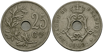 Бельгия 25 сантимов 1909 Belgique KM 62 медно-никель 4168-1146