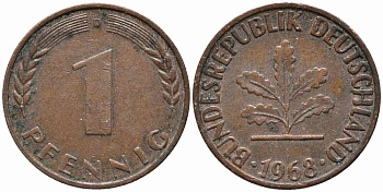 ФРГ 1 ПФЕННИГ 1968 D KM 105, J. 380 сталь плакированная медью 112-136