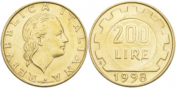 Италия 200 лир 1998 R, шестерня KM 105 алюминиевая бронза 186-225