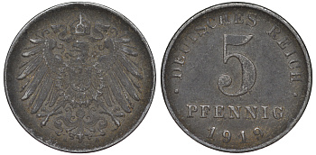 ГЕРМАНИЯ 5 ПФЕННИГОВ 1919 A KM 19, J. 297 железо 45-1158