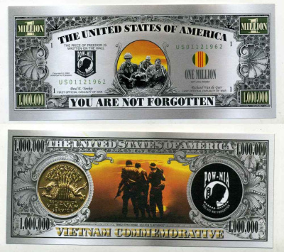 США 1000000 ДОЛЛАРОВ 2002 СУВЕНИРНАЯ БАНКНОТА, ВЕТЕРАНЫ ВОЙНЫ ВО ВЬЕТНАМЕ бумага UNC (ПРЕСС) 8588-65-4-1