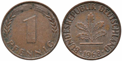 ФРГ 1 ПФЕННИГ 1968 D KM 105, J. 380 сталь плакированная медью 112-136