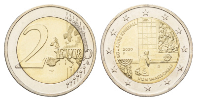 Германия 2 евро 2020 F, 50 лет коленопреклонению в Варшаве KM 388 биметалл UNC 68-842