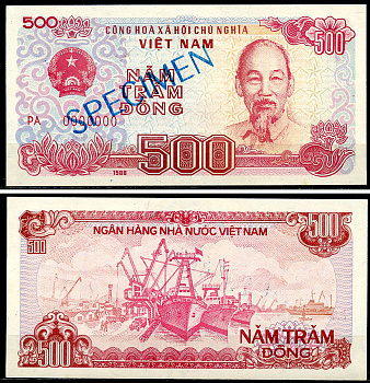 Вьетнам 500 донгов 1988 образец, Specimen, 0000000, Хо Ши Мин, корабли, большая серия Pick 101 b s  бумага  UNC (пресс) 451-966-1