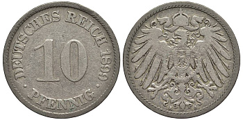 Германия 10 пфеннигов 1899 A KM 12, Jager 13, Weege 8 медно-никель 219-317