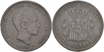 ИСПАНИЯ 10 СЕНТИМО 1878 ОМ, АЛЬФОНСО XII (1874-1885) KM 675 бронза 3855-545