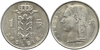 БЕЛЬГИЯ 1 ФРАНК 1968 BELGIE KM 143.1 медно-никель 4388-1035