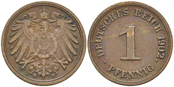 Германия 1 пфенниг 1902 G KM 10, J. 10, Weege 2 медь 211-262