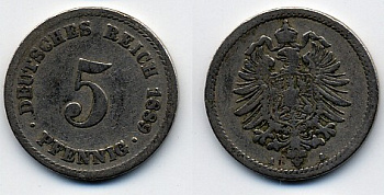 ГЕРМАНИЯ 5 ПФЕННИГОВ 1889 A, СТАРОГЕРБОВКА KM 3, J.3 медно-никель 51-5051