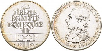 Франция 100 франков 1987 230 лет со дня рождения генерала Лафайета, пифорт, вес 30 гр. KM P991a серебро UNC 1074-6-62