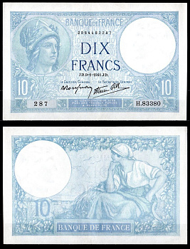 Франция 10 франков 1941 Минерва, крестьянка Pick 84 бумага 451-939-1
