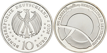 ФРГ 10 евро 2010 G, 300 лет производства фарфора в Германии KM 287, DE.S. 10.47 серебро PROOF 1076-4-34