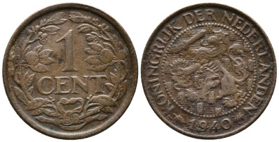 НИДЕРЛАНДЫ 1 ЦЕНТ 1940 ВИЛЬГЕЛЬМИНА KM 152 бронза 39-1255