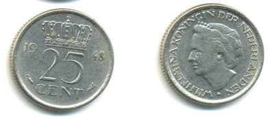 НИДЕРЛАНДЫ 25 ЦЕНТОВ 1948 ВИЛЬГЕЛЬМИНА KM 178 никель 83-1021