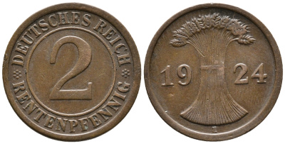 ГЕРМАНИЯ 2 РЕНТЕНПФЕННИГА 1924 E KM 31, J. 307 бронза 24-457