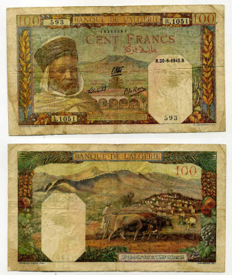 Алжир 100 франков 1942 ферма, быки, 30 июня 1942 Pick 88 бумага 451-261-2