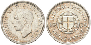 Великобритания 3 пенса 1939 Георг VI (1936-1952) KM 848, Spink 4085 серебро 4621-1069