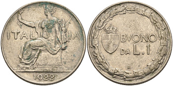 Италия 1 лира 1922 R, Виктор Эммануил III (1900-1946) KM 62 никель 186-424