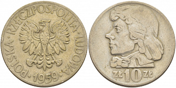 Польша 10 злотых 1959 MW, Тадеуш Костюшко, первый год KM 50 медно-никель 4517-813