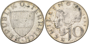 Австрия 10 шиллингов 1958 KM 2882 серебро 63-824